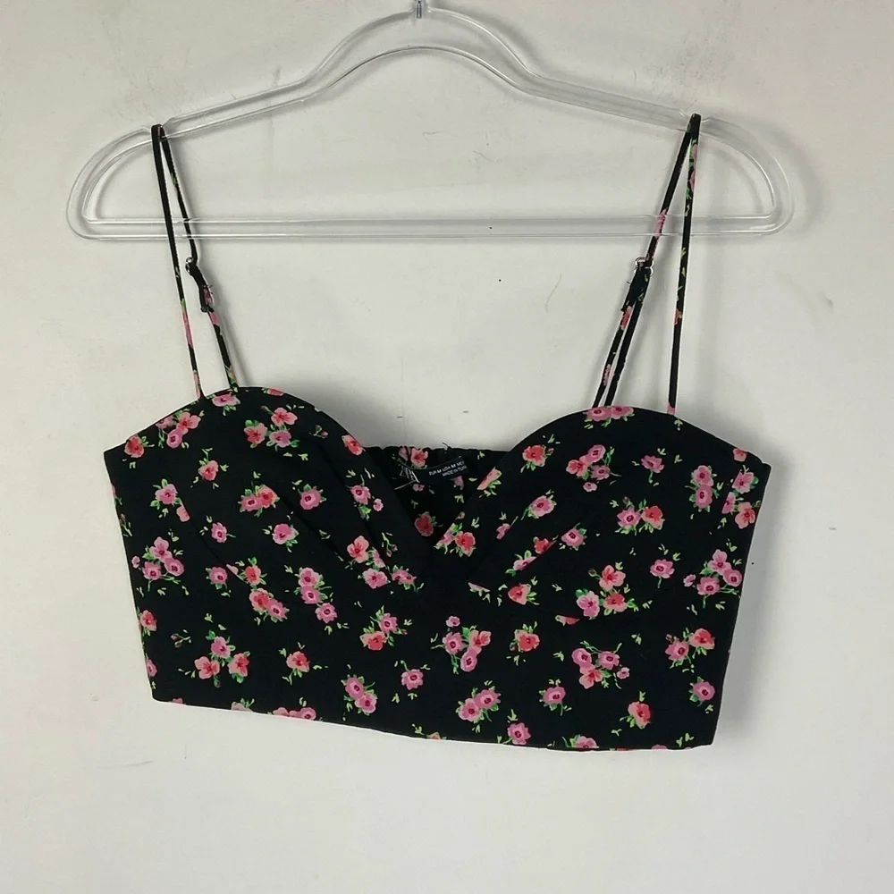 Zara Top Floral Crop‎ Bustier Black Pink Roses Viscose Corset Womens Size M NWT - Picture 2 of 10